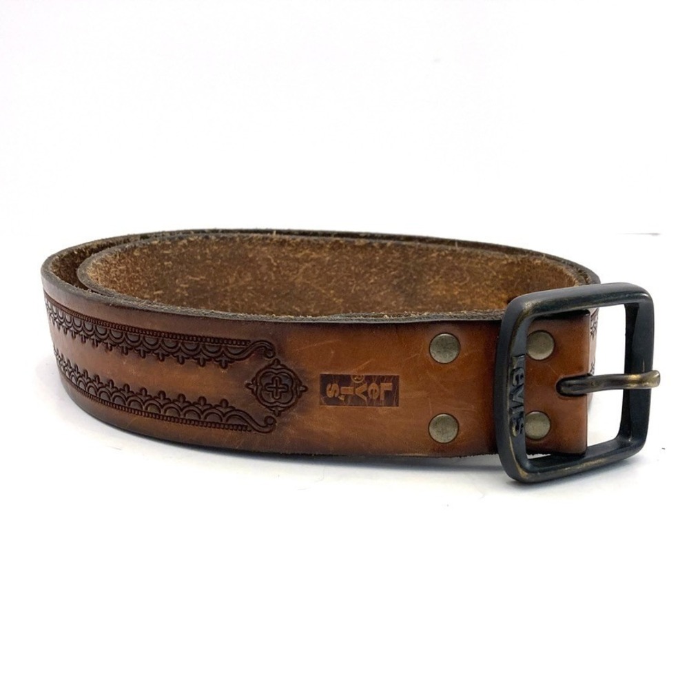 Levi's Leather Tooled Belt Mens 40/100 Rustic Boho Western Brown Decorated 1.5"